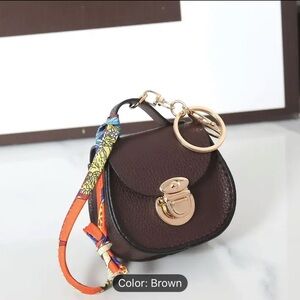 Elegant Mini Saddle Bag Brown 
Keychain with Premium Silk
Scarf